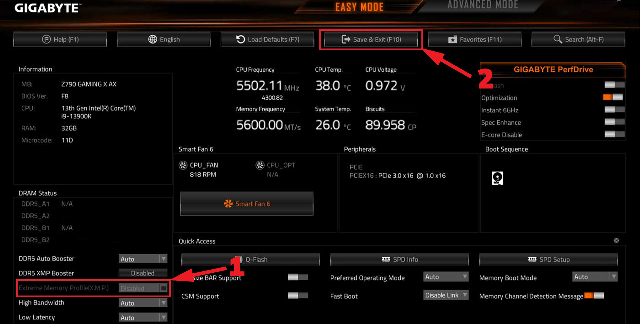screen activation XMP bios gigabyte